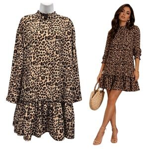 ASOS Animal Print Mini Dress Drop‎ Waist Ruffle Hem Mob Wife Edgy Glam Size 8